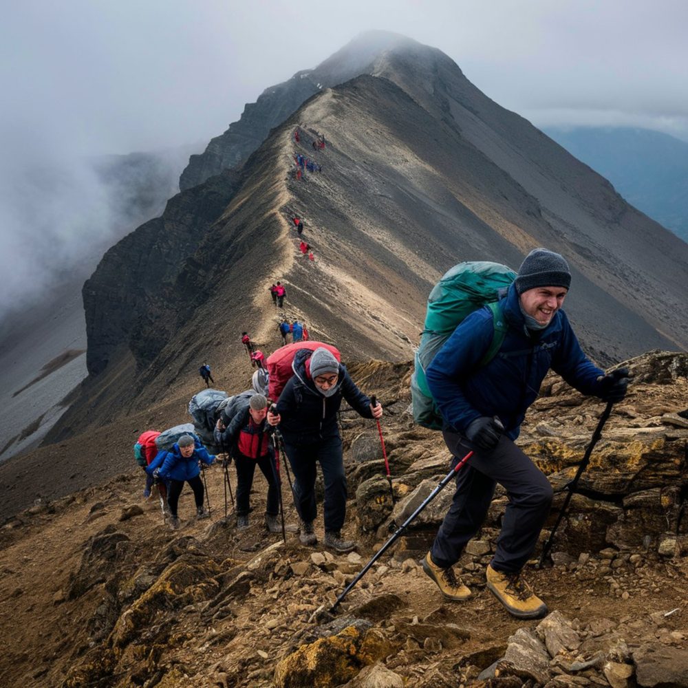 Randonneurs progressant sur les pentes verdoyantes du volcan de la Soufrière