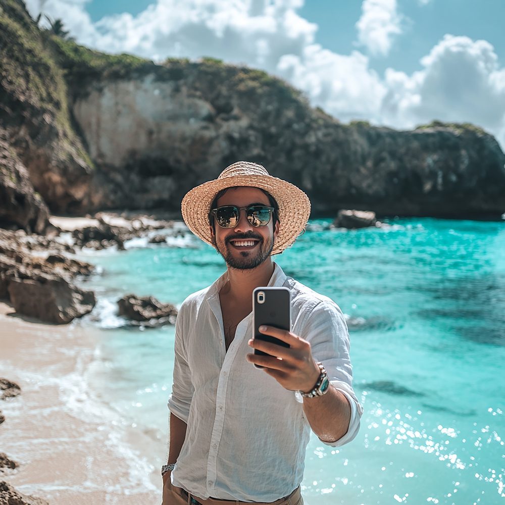 Touriste utilisant son smartphone face à la mer sur une île tropicale.