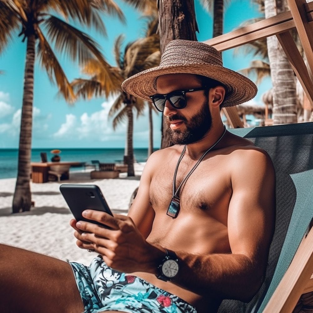 Personne assise au bord de l’eau avec un téléphone portable aux Caraïbes.