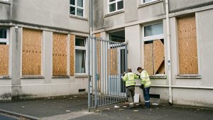 Façade d’un lycée public français après un blocus, avec portail fermé, vitres protégées et deux agents techniques évaluant des dégradations légères.