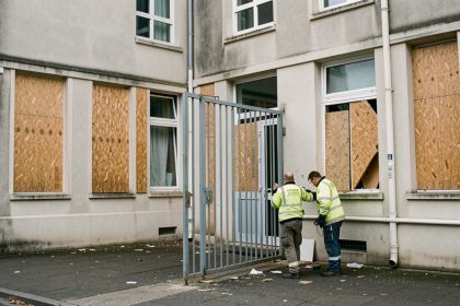 Façade d’un lycée public français après un blocus, avec portail fermé, vitres protégées et deux agents techniques évaluant des dégradations légères.