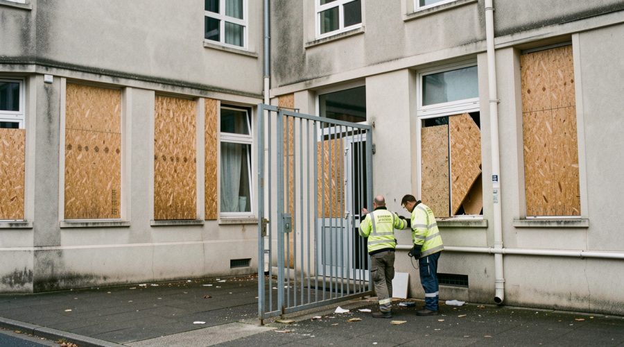 Façade d’un lycée public français après un blocus, avec portail fermé, vitres protégées et deux agents techniques évaluant des dégradations légères.