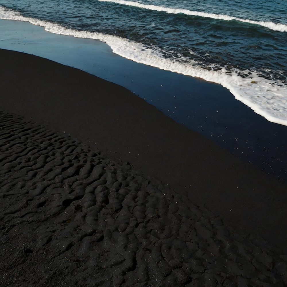 Paysage côtier de la Dominique, entre forêt luxuriante et plage de sable sombre.