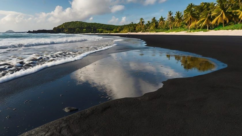 Plage de sable noir bordée de végétation tropicale en Dominique.
