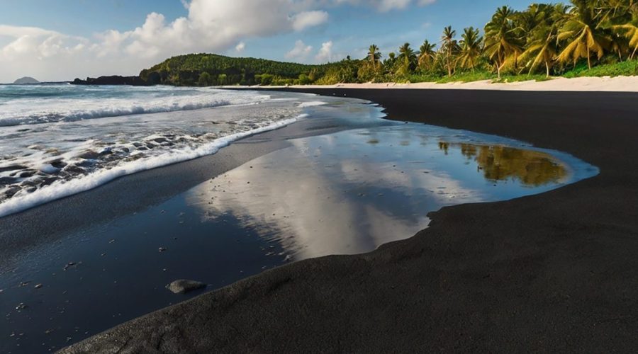 Plage de sable noir bordée de végétation tropicale en Dominique.