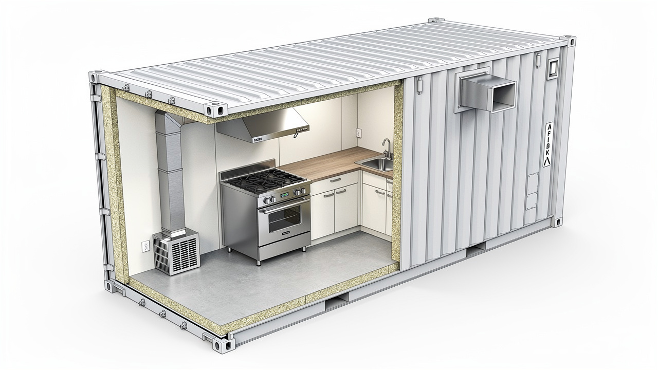 Schéma technique réaliste en coupe d’une cuisine aménagée dans un conteneur, montrant l’entrée d’air basse, la hotte reliée à un conduit extérieur, la sortie d’air haute et l’isolation des parois.