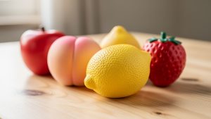 Gros plan de plusieurs squishies en forme de fruits, à texture douce et mousse dense, posés sur une table claire sous une lumière naturelle délicate.