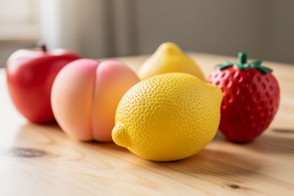 Gros plan de plusieurs squishies en forme de fruits, à texture douce et mousse dense, posés sur une table claire sous une lumière naturelle délicate.