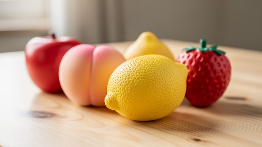Gros plan de plusieurs squishies en forme de fruits, à texture douce et mousse dense, posés sur une table claire sous une lumière naturelle délicate.