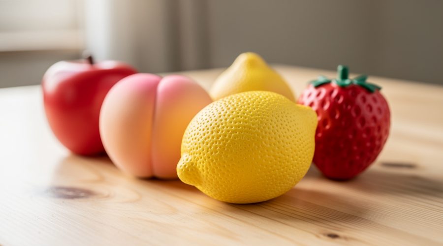 Gros plan de plusieurs squishies en forme de fruits, à texture douce et mousse dense, posés sur une table claire sous une lumière naturelle délicate.