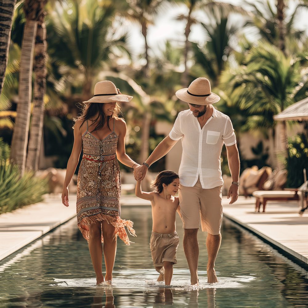 Parents et enfants profitant d’une villa avec piscine sous le soleil des Caraïbes